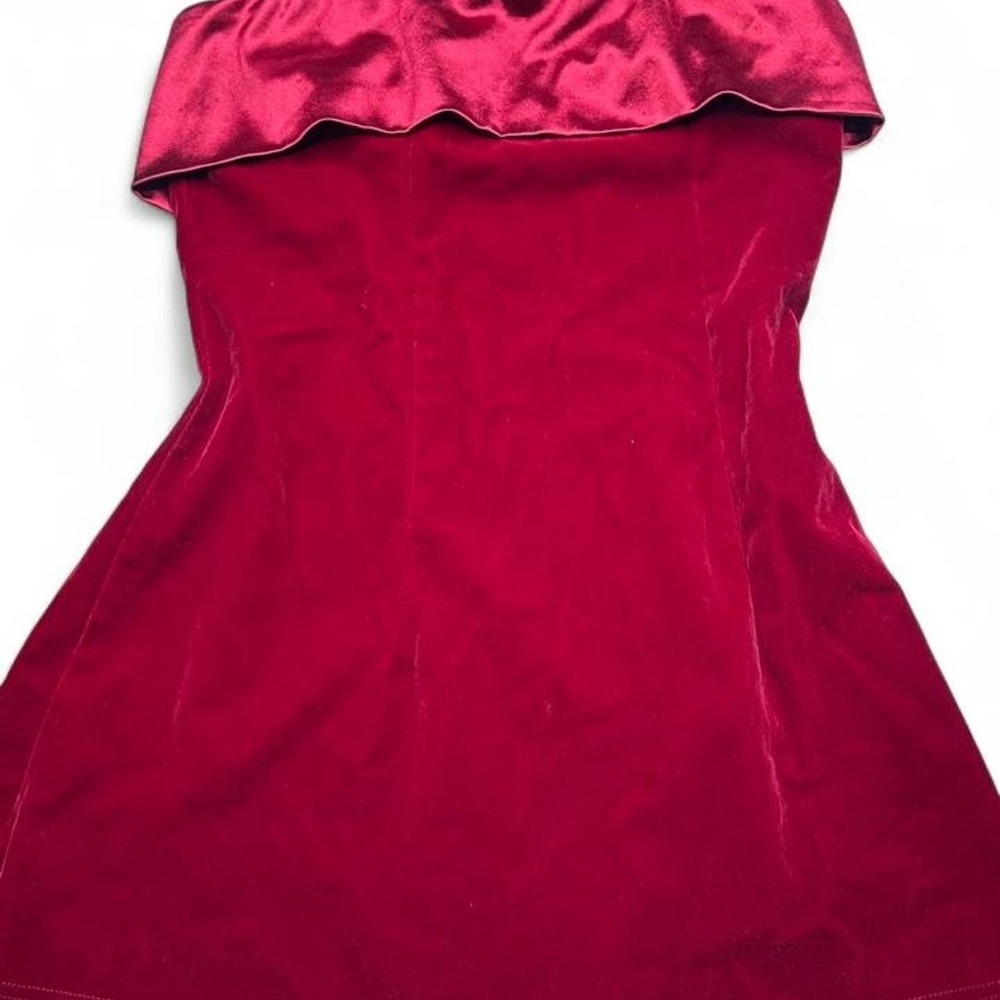 Red velvet mini dress with ruffle neckline